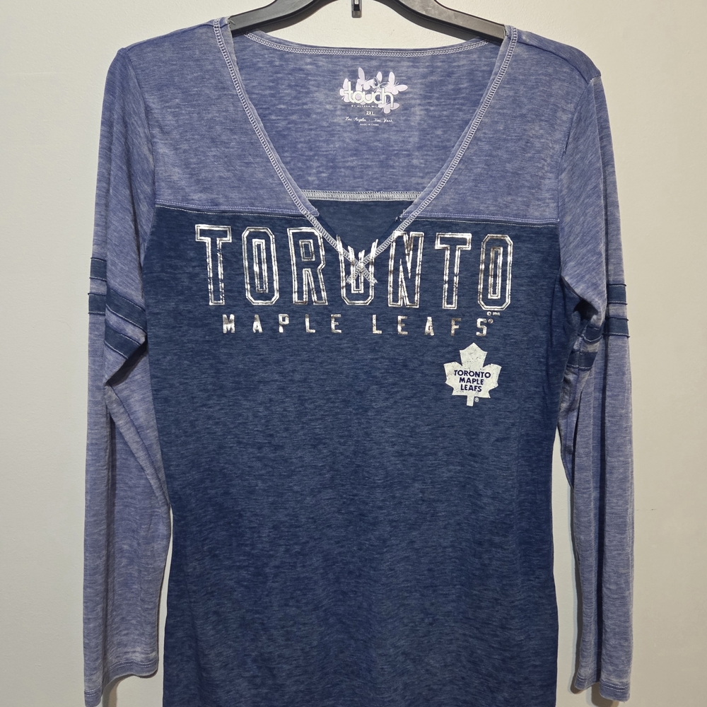 Toronto Maple Leafs Women's Distressed SEXY Deep V-neck Silver Letters Blue Top